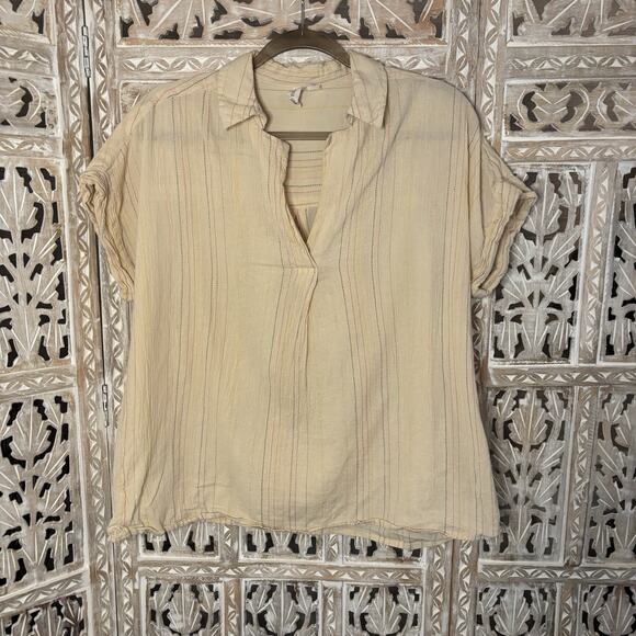 Studio West Shirt Women’s Beige Multi Color Striped Short Sleeve Textured Boho M - Picture 1 of 7